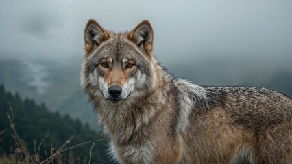 Fototapeta premium Youthful female wolf in the mountainous woodland
