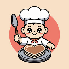 Cartoon chef holding a spatula with heart shaped pancakes on a plate in front of a circle background