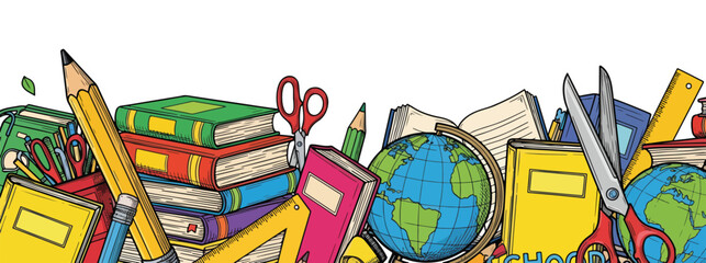 Colorful school border with books, pencils, and globe on white backdrop. Bright stationery items creates school border look, including scissors and notebooks to add to the design.