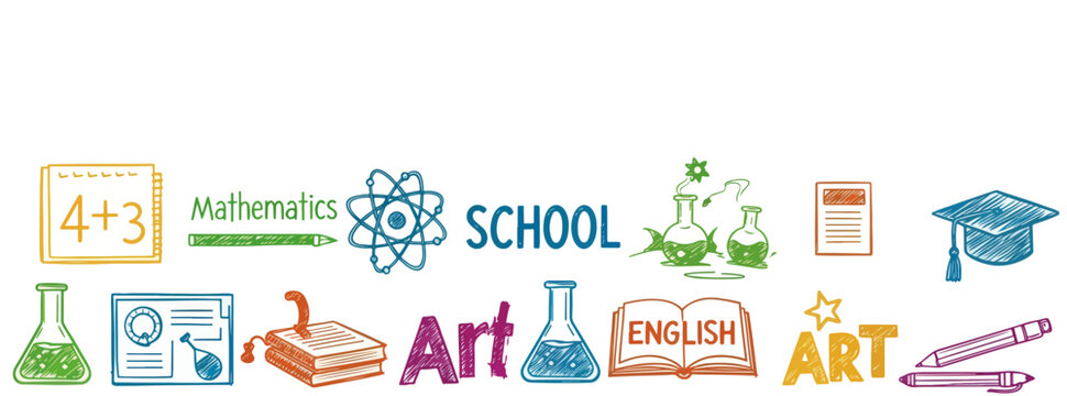 School border featuring education icons and artistic elements. School border displays subjects like mathematics, science, art, and English, along with school supplies.