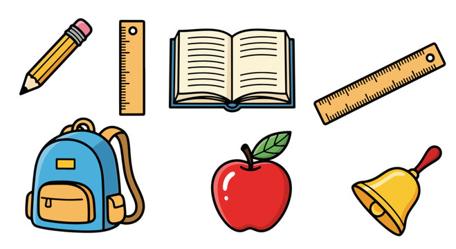 Back to school concept with illustrated pencil, book and apple graphic. Back to school tools including backpack, ruler and gold bell. Back to school design for school supplies.