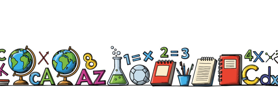 Decorative school border featuring education essentials, like globes, books, beakers, and equations forming an attractive border. School supplies border in bright,