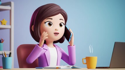 3D Cartoon Woman Talking on Phone at Home Office - Powered by Adobe
