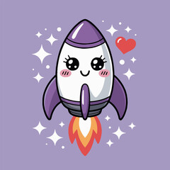A cartoon rocket ship with a cute face and heart on a light purple background with stars around it