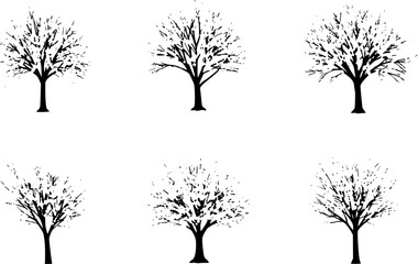 Obraz premium Set of peach trees in bloom, isolated cutout, Prunus persica frontal street trees, vector illustration, flowering tree, nature design, landscape tree, floral blossom, decorative tree