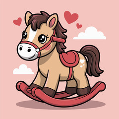 Cartoon rocking horse with hearts and clouds on a pink background in a cute style