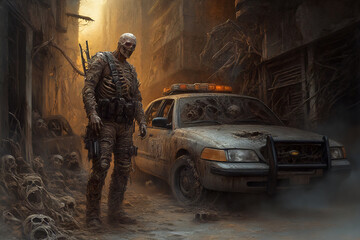Post-apocalyptic warrior standing with abandoned police car in desolate urban ruins