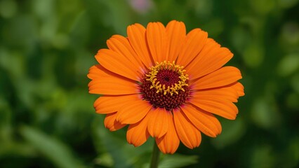 Detailed image of an orange zinnia flower thriving on a green summer background.