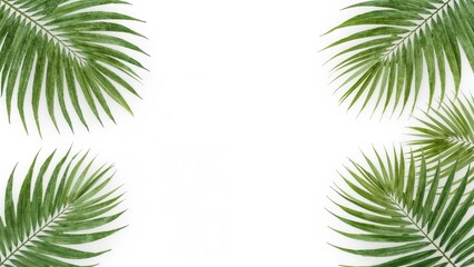 Creative design of vivid tropical leaves set against a plain white background, emphasizing a minimal summer theme with border accents and space for text.