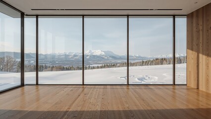 Minimalist open area with hardwood floors and floor-to-ceiling windows, facing a winter mountain scene.