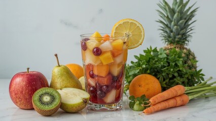 Colorful mixed juice drink composed of multiple fruits and vegetables
