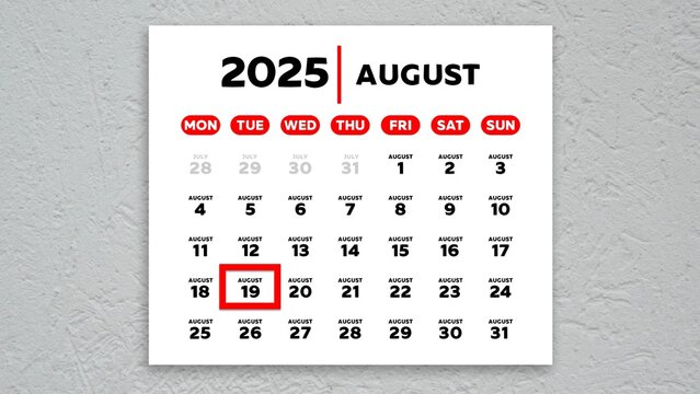 The date August 19th marked with a red cursor on the wall calendar 2025