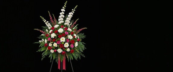 Funeral floral stand with detailed orchids chrysanthemums and ribbons in respectful tones standing solemnly on plain black background