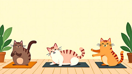 Obraz premium Cute Cats Doing Yoga at Home - Funny Pet Exercise Illustration for International Cat Day