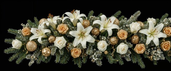 Fototapeta premium Holiday centerpiece of white lilies evergreens gold candles and frosted roses glowing with elegance on plain black background