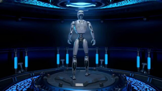 A futuristic Robot stand on movable stage 
in futuristic technology lab