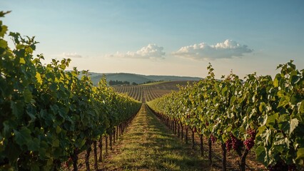 Naklejka premium Vineyard landscape with rows of grapevines under clear blue sky during golden hour highlighting red wine production potential