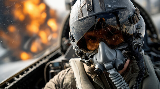Fighter jet pilot in cockpit during explosive mission with helmet and visor reflection in intense battle scene
