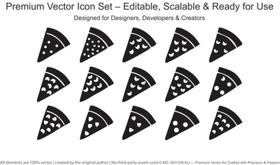 Black pizza slice icons with various topping variations on white background food black and white