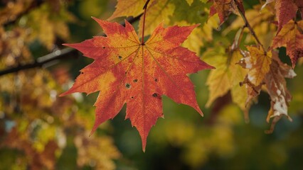 Maple leaf during fall, a flat structure from a complex plant akin to a blade, linking directly or by a stem extension to the main stalk. Leaves are key organs for photosynthesis and transpiration.