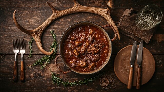 Rustic wild venison goulash displayed on a wooden table alongside antlers and cutlery, shot top-down in a wide banner