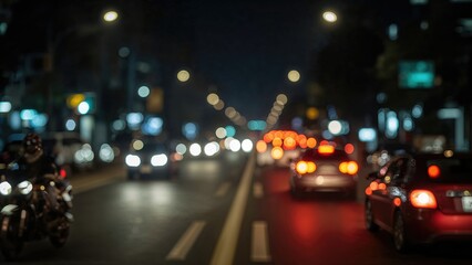 A vibrant street at night, illuminated by moving car and motorcycle lights.