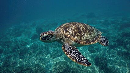 Obraz premium Green sea turtle captured beneath the waves in its natural habitat.