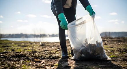 Committed individual actively participating in an outdoor environmental cleanup, diligently collecting discarded waste and litter to help restore the beauty of natural landscapes.
