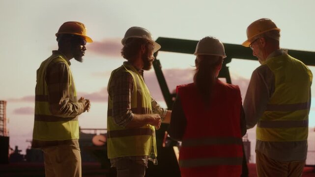 Engineers discussing project at oil field during sunset