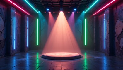 Mystery Neon Glow Spotlight with Peru Colors Background for Showroom Concept Design