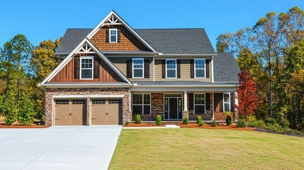 A two-story house with a garage and a driveway, surrounded by a lush green lawn and trees, under a clear blue sky.