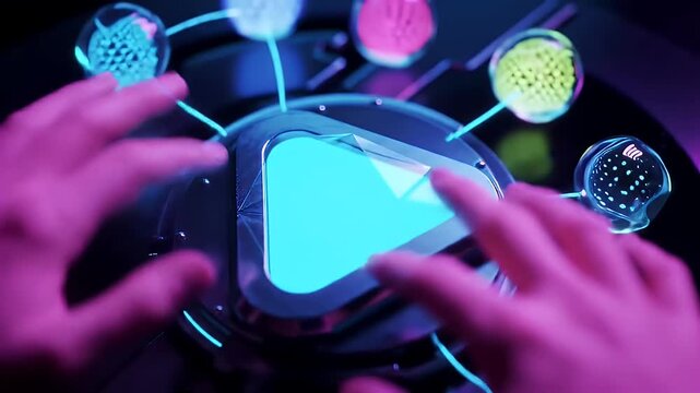 Hands Interacting with Glowing Play Button Displayed with Neon Futuristic Light Abstract Geometric Shapes and Spheres Design for Digital Age - Powered by Adobe