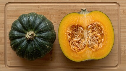 Whole pumpkin alongside cut segments on a rustic wooden chopping surface, cooking prep with blank area for text