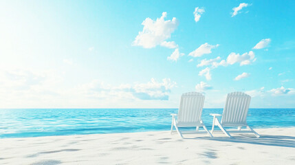Two white deck chairs on a sandy beach with a clear blue sky and ocean in the background.
