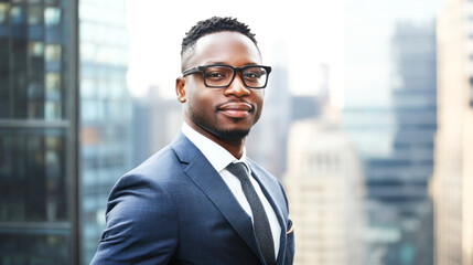 A confident businessman in a suit stands confidently in front of a city skyline.