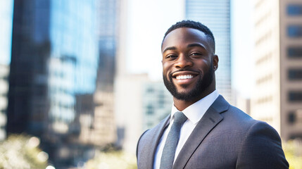 A smiling African American businessman standing in front of a city skyline.