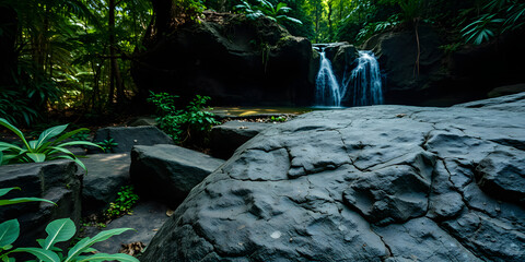 Obraz premium A view of a small waterfall in a lush green forest with large rocks in the foreground setting the scene