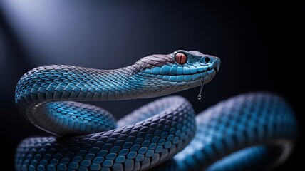 Naklejka premium A striking blue viper with orange eyes coiled and ready to attack