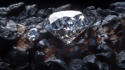 Sparkling diamonds resting on dark rocks, a luxurious gemstone display