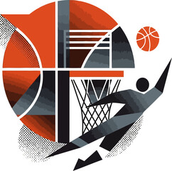 Abstract geometric basketball player is jumping towards an orange ball and hoop against a white backdrop creating a dynamic and athletic illustration for sports and promotional use.
