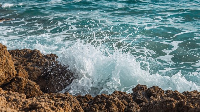 Ocean spray splashing over rugged rocks