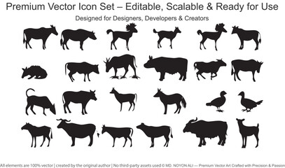 Black silhouette farm and wild animals collection including cows horses deer and birds farm animals