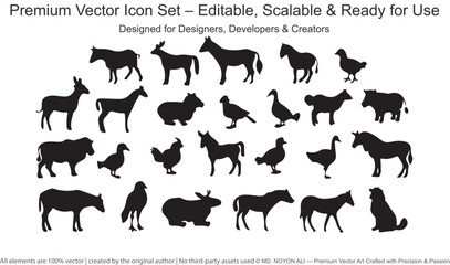 Black silhouette icons of farm animals and birds on white background vector