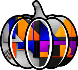 Abstract pumpkin design displays orange, blue and purple geometric shapes against a grayscale background, creating a modern festive graphic suitable for seasonal banners and digital design projects.