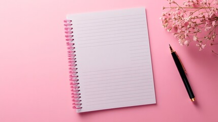 Notebook, pen and flowers resting on pink surface