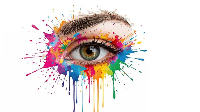 Close-up image of a female eye enhanced with colorful paint sprays and splattered drops - Powered by Adobe