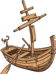 Simple cartoon illustration of a wooden boat with a broken mast, visible oar, and ropes shows a rustic and slightly worn aesthetic, ideal for nautical or adventure-themed designs.