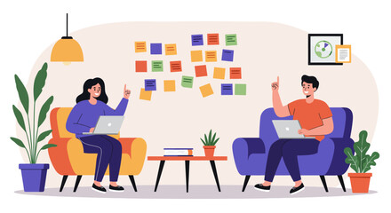 Two People Brainstorming with Laptops and Ideas.