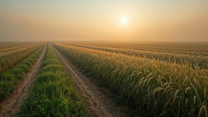 A panoramic view of a hazy agricultural landscape with a dew-kissed rye path at sunrise.