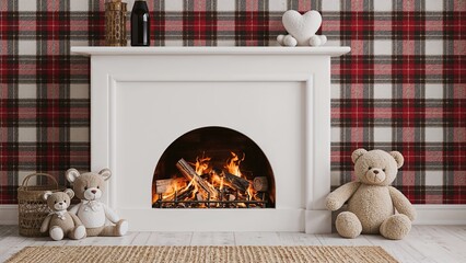 Light-toned hearth featuring stuffed animals, a warm throw, and a champagne bottle